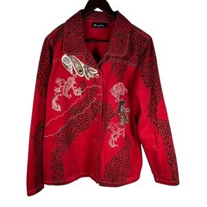 Denim&Co Red Leopard‎ Print Embroidered Button Up Jacket Womens Large